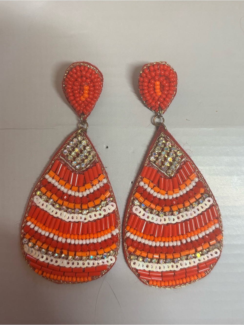 Beaded Red and Orange Teardrop Statement Earrings
